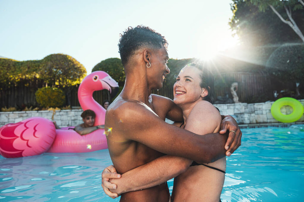 Pool party, love and couple hug, having fun and bonding together. Swimming, romance diversity and man and woman hugging, cuddle or laugh at funny joke in water at summer event or new year celebration. - Foto, Bild