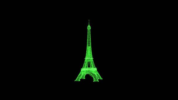 3D Eiffel Tower on black background. Object consisting of green flickering particles. Science concept. Abstract bg for title, presentation. Screensaver. 3D animation. - Foto, afbeelding