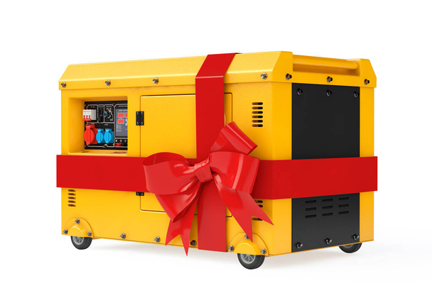 Big Yellow Outside Auxiliary Electric Power Generator Diesel Unit for Emergency Use with Red Gift Ribbon and Bow on a white background. 3d Rendering  - Zdjęcie, obraz