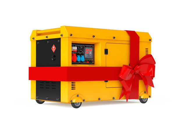 Big Yellow Outside Auxiliary Electric Power Generator Diesel Unit for Emergency Use with Red Gift Ribbon and Bow on a white background. 3d Rendering  - Zdjęcie, obraz
