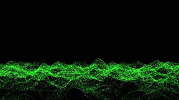 3D Abstract background with waving dotted surface, moving and flickering green particles, lines and stripes. Animation of seamless loop. Etheric field. 3D animation - Foto, Imagem