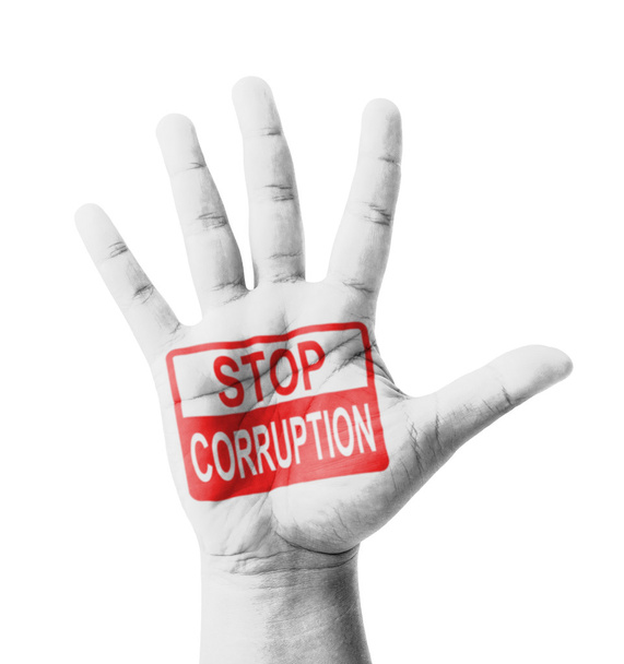 Открытая рука поднята, нарисован знак "Остановить коррупцию", многоцелевое сотрудничество
 - Фото, изображение
