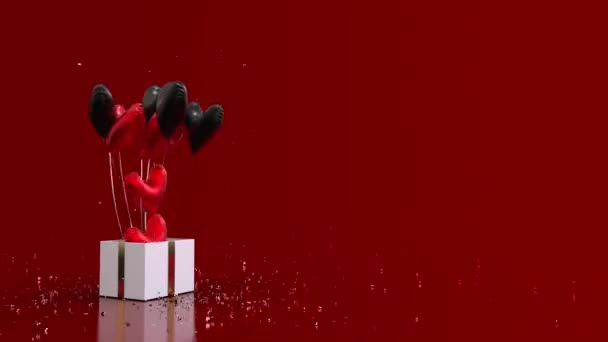 Gift Box Glitter Exploded And Heart Shaped Balloons Fly Out Black Red - Imágenes, Vídeo