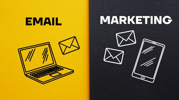 Email marketing is shown using a text and pictures of laptop and smartphone - Fotoğraf, Görsel