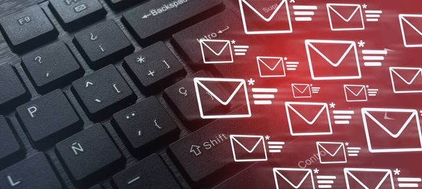 Teclado de computador com ícones de correio de spam. Proteja e bloqueie o e-mail de spam da internet e do hacker. Conceito de tecnologia inteligente. - Foto, Imagem