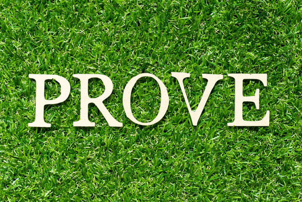 Wood letter in word prove on green grass background - Foto, Imagen