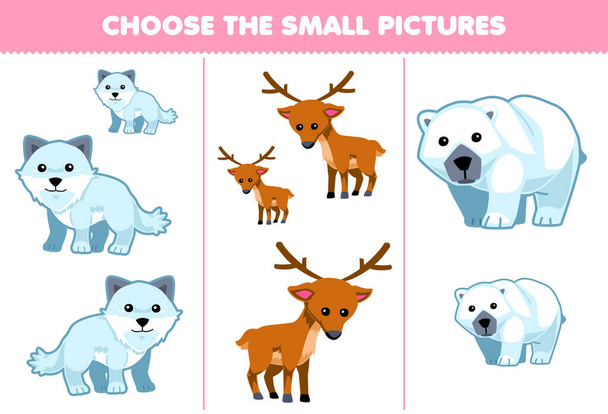 Education game for children choose the small picture of cute cartoon arctic fox deer polar bear printable winter worksheet - Vektor, obrázek