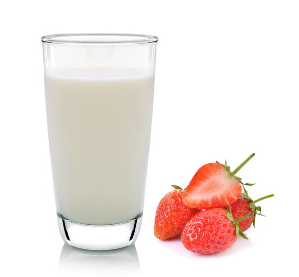 glass of milk  and strawberry on white background - Fotografie, Obrázek