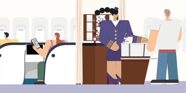 休暇旅行中に飛行機のビジネスクラスキャビンのオンボードラウンジでリラックスした乗客 - ベクター画像