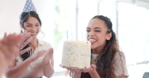 Happy birthday, celebration and people in office with applause, party and success at creative meeting. Announcement, clapping and celebrate of team, employees or black woman promotion with cream cake. - Felvétel, videó