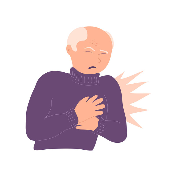 Elderly man with heart pain. Acute attack of myocardial infarction or angina pectoris. Heart disease. Flat vector illustration isolated on white background - Vektör, Görsel