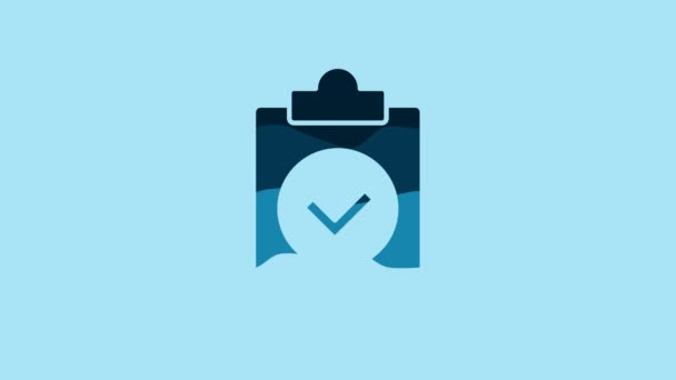 Blue Completed task icon isolated on blue background. Compliance inspection approved. Checklist sign. Certified document symbol. 4K Video motion graphic animation. - Video