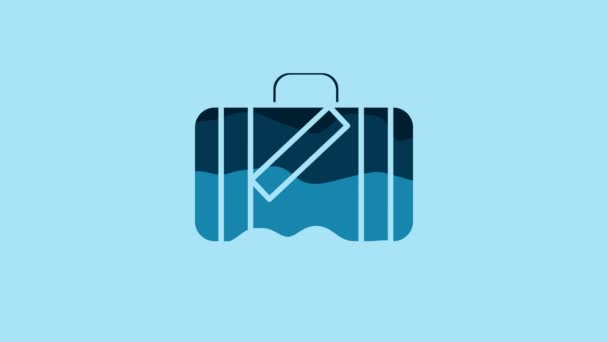 Blue Suitcase for travel and stickers icon isolated on blue background. Traveling baggage sign. Travel luggage icon. 4K Video motion graphic animation. - Кадры, видео