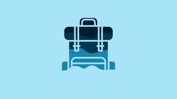 Blue Hiking backpack icon isolated on blue background. Camping and mountain exploring backpack. 4K Video motion graphic animation. - Metraje, vídeo