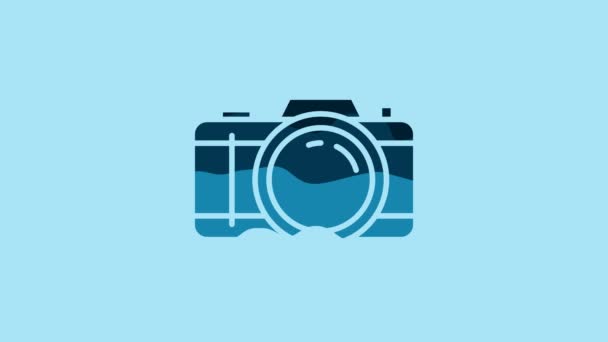 Blue Photo camera icon isolated on blue background. Foto camera icon. 4K Video motion graphic animation. - Metraje, vídeo