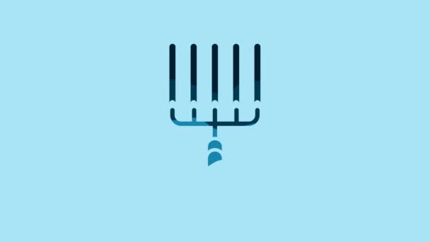 Blue Garden rake in work icon isolated on blue background. Tool for horticulture, agriculture, farming. Ground cultivator. 4K Video motion graphic animation. - Felvétel, videó