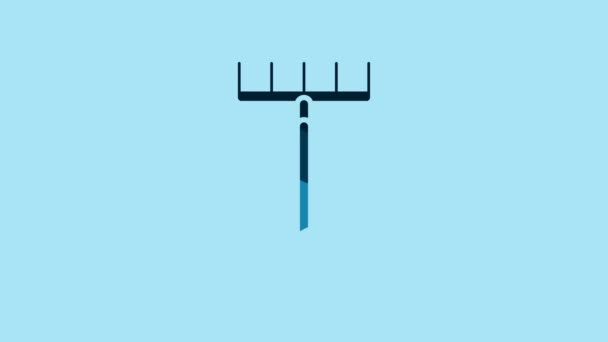Blue Garden rake icon isolated on blue background. Tool for horticulture, agriculture, farming. Ground cultivator. Housekeeping equipment. 4K Video motion graphic animation. - Materiał filmowy, wideo