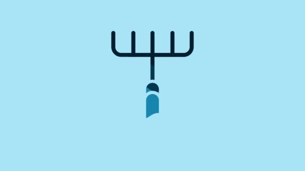 Blue Garden rake icon isolated on blue background. Tool for horticulture, agriculture, farming. Ground cultivator. Housekeeping equipment. 4K Video motion graphic animation. - Felvétel, videó