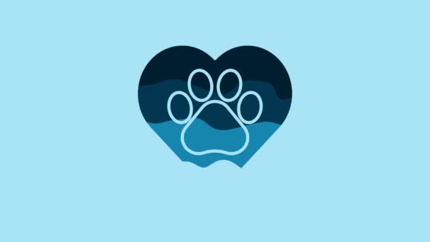 Blue Heart with animals footprint icon isolated on blue background. Pet paw in heart. Love to the animals. 4K Video motion graphic animation. - Footage, Video