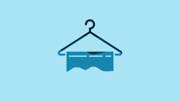 Blue Hanger wardrobe icon isolated on blue background. Clean towel sign. Cloakroom icon. Clothes service symbol. Laundry hanger sign. 4K Video motion graphic animation. - Séquence, vidéo