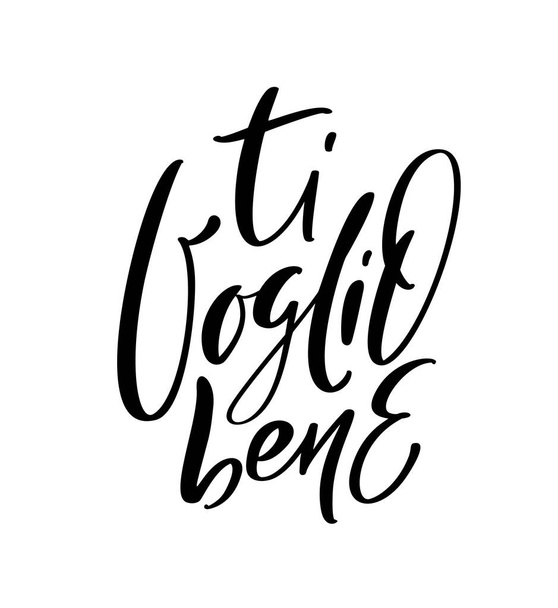 I love you on Italian Ti Voglio Bene. Black vector calligraphy lettering wedding text. Holiday quote design for valentine greeting card, phrase poster. - Vektor, Bild