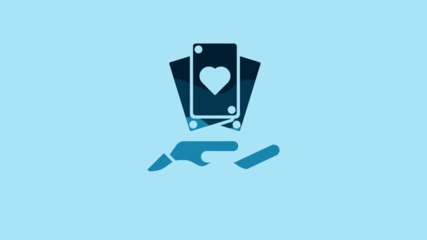 Blue Hand holding playing cards icon isolated on blue background. Casino game design. 4K Video motion graphic animation. - Video