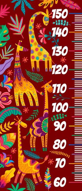 Kids height chart. Cartoon African giraffes. Children height centimeters scale, kids growth meter or child height vector chart with African animals, funny ornate giraffes and colorful plants leaves - Vecteur, image