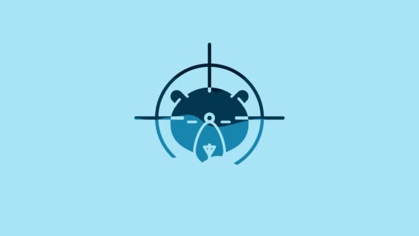 Blue Hunt karhu tähtäimellä kuvake eristetty sinisellä pohjalla. Metsästys klubin logo karhu ja kohde. Kiväärin linssi tähtää karhua. 4K Video motion graafinen animaatio. - Materiaali, video
