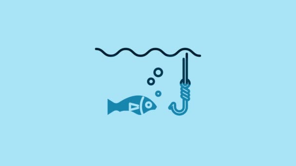Blue Fishing hook under water with fish icon isolated on blue background. Fishing tackle. 4K Video motion graphic animation. - Video