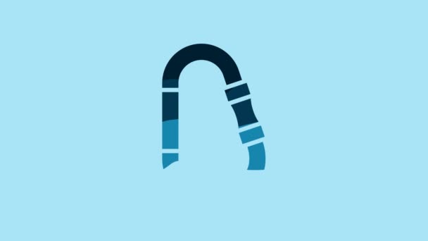 Blue Carabiner icon isolated on blue background. Extreme sport. Sport equipment. 4K Video motion graphic animation. - Video