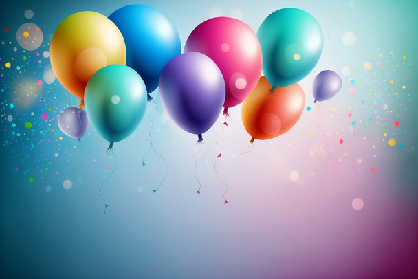 Background with bundle of colorful flying balloons. Warm light. Glittering Soaring into the Sky. Template design for new year, celebration. Copy space for text. Fresh beginning. Vivid colors. - Photo, Image