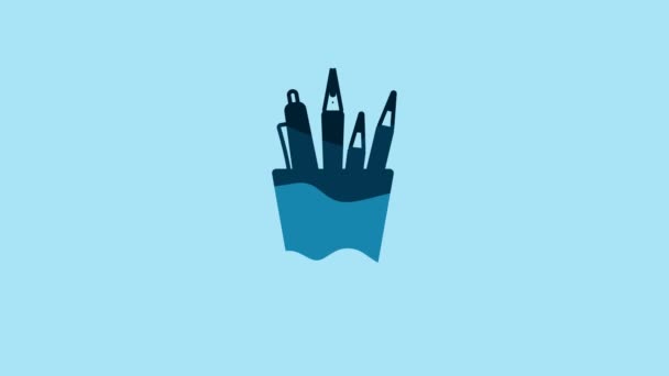 Blue Pencil case stationery icon isolated on blue background. Pencil, pen, ruler in a glass for office. 4K Video motion graphic animation. - Video