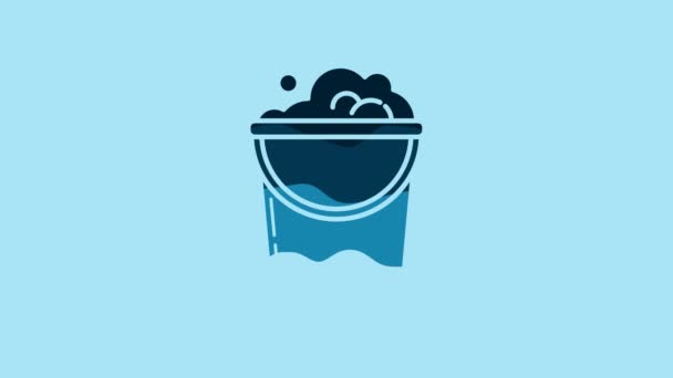 Blue Bucket with foam and bubbles icon isolated on blue background. Cleaning service concept. 4K Video motion graphic animation. - Felvétel, videó