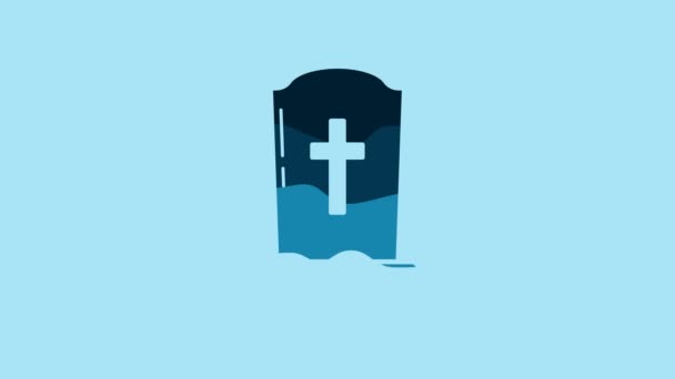 Blue Tombstone with cross icon isolated on blue background. Grave icon. 4K Video motion graphic animation. - Imágenes, Vídeo
