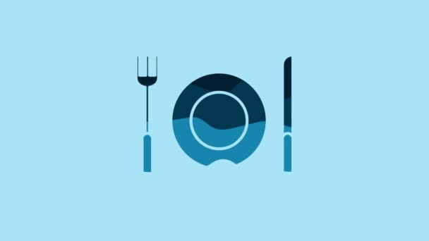 Blue Plate, fork and knife icon isolated on blue background. Cutlery symbol. Restaurant sign. 4K Video motion graphic animation. - Materiał filmowy, wideo
