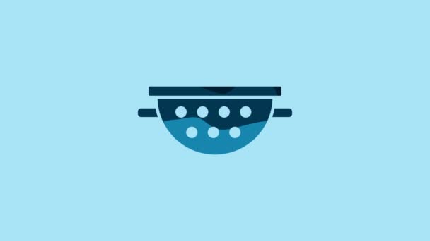 Blue Kitchen colander icon isolated on blue background. Cooking utensil. Cutlery sign. 4K Video motion graphic animation. - Video