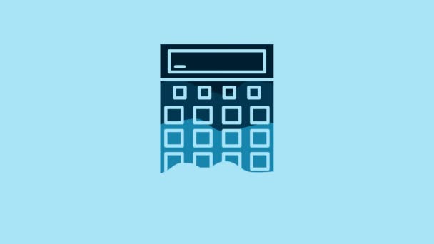 Піктограма синього калькулятора ізольовано на синьому фоні. Бухгалтерський символ. Бізнес розрахунки математика освіта та фінанси. 4K Відео рух графічна анімація
. - Кадри, відео