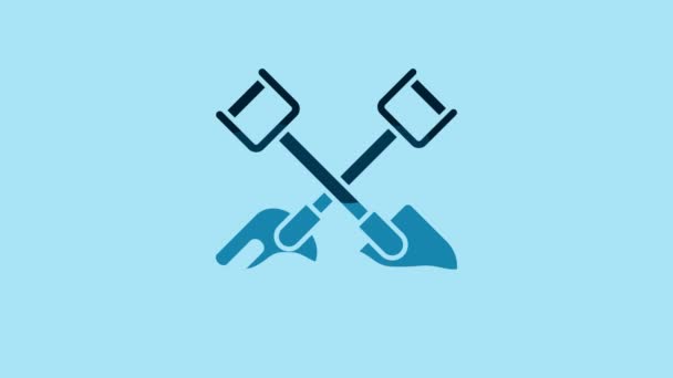 Blue Shovel and rake icon isolated on blue background. Tool for horticulture, agriculture, gardening, farming. Ground cultivator. 4K Video motion graphic animation. - Filmagem, Vídeo