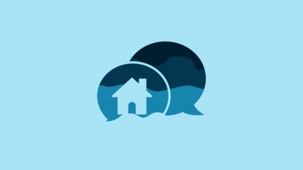 Blue House building in speech bubble icon isolated on blue background. Real estate concept. 4K Video motion graphic animation. - Video