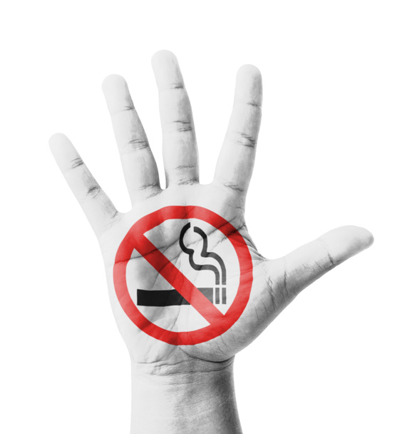 Открытая рука поднята, нарисован знак "Курить запрещено", многоцелевая концепция
 - Фото, изображение