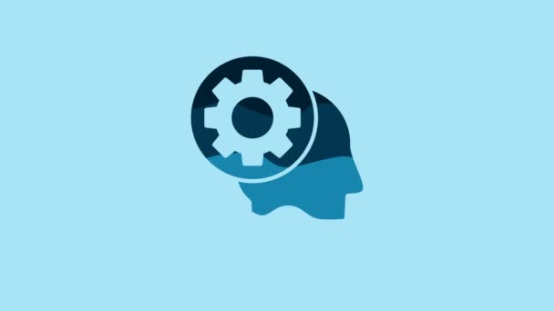 青色の背景にアイコンが隔離されたギアとブルーの人間の頭。人工知能だ。脳のサインだ。脳の象徴的な働き。4Kビデオモーショングラフィックアニメーション. - 映像、動画