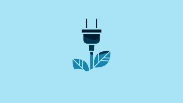 Blue Electric saving plug in leaf icon isolated on blue background. Save energy electricity icon. Environmental protection icon. Bio energy. 4K Video motion graphic animation. - Video