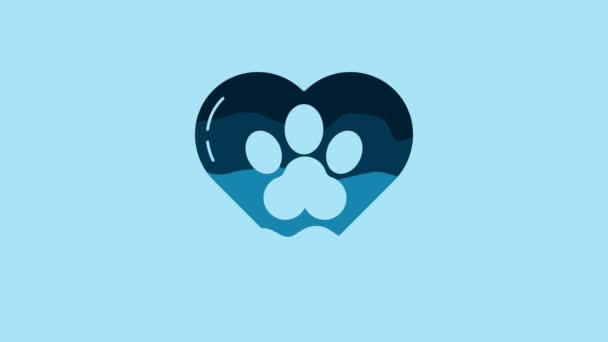 Blue Heart with animals footprint icon isolated on blue background. Pet paw in heart. Love to the animals. 4K Video motion graphic animation. - Felvétel, videó
