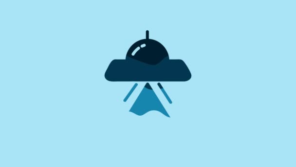 Blue UFO flying spaceship icon isolated on blue background. Flying saucer. Alien space ship. Futuristic unknown flying object. 4K Video motion graphic animation. - Materiał filmowy, wideo
