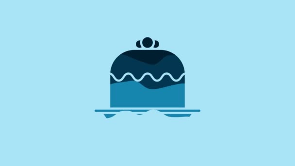 青色の背景に隔離されたブルーケーキアイコン。誕生日おめでとう。4Kビデオモーショングラフィックアニメーション. - 映像、動画