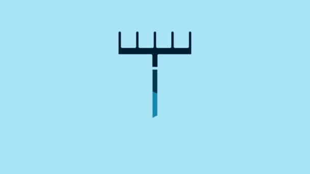 Blue Garden rake icon isolated on blue background. Tool for horticulture, agriculture, farming. Ground cultivator. Housekeeping equipment. 4K Video motion graphic animation. - Video