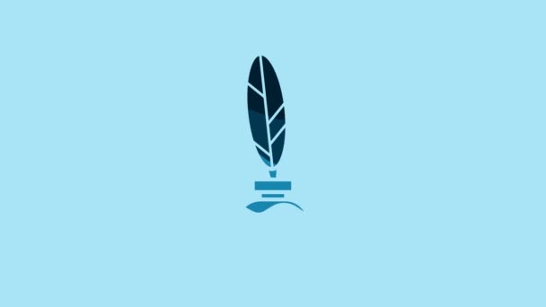 Blue Feather and inkwell icon isolated on blue background. 4K Video motion graphic animation. - Filmati, video