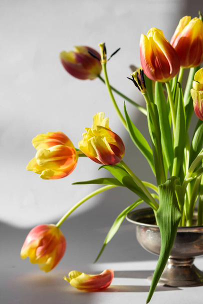 Floral arrangement of red and yellow tulip flowers on pin frog in vintage vase. Spring ikebana decor on white background. Eco floristical trends with japanese kenzan. Decoration at home for Easter. - Foto, Imagen