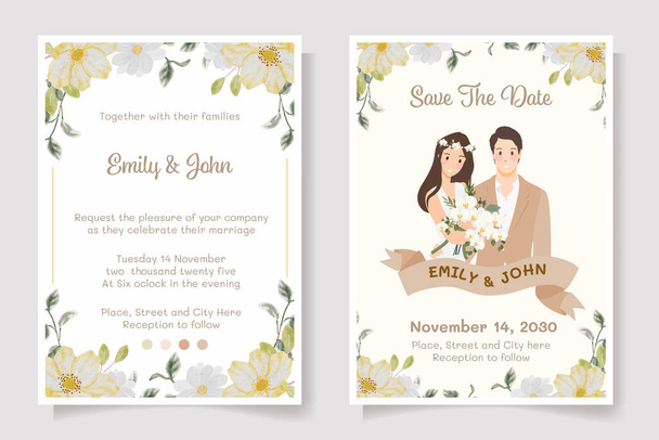 young indian wedding couple in red dress watercolor flower bouquet frame wedding   invitation  - Vector, Imagen
