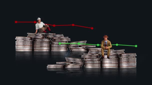 Two pile of coins and two miniature people with two line graphs. Business concept with piles of coins and graphs. - Video, Çekim